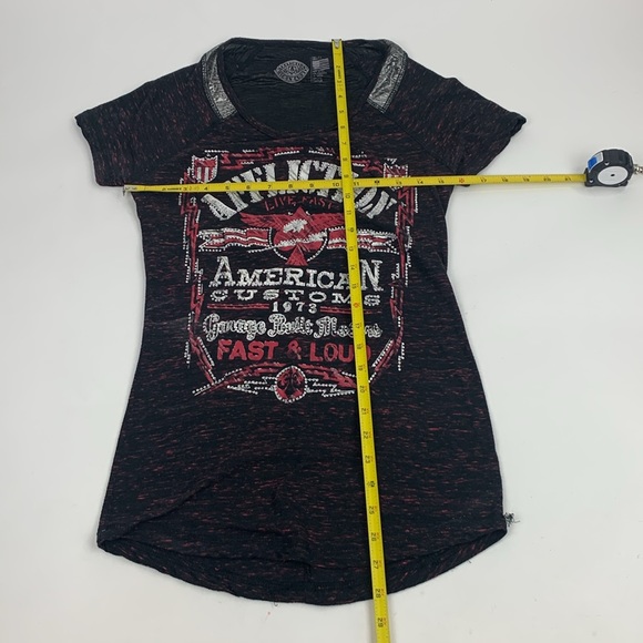 Affliction Sparkle Stud Tshirt top Size Small Black Maroon Silver Open Back - Picture 10 of 13